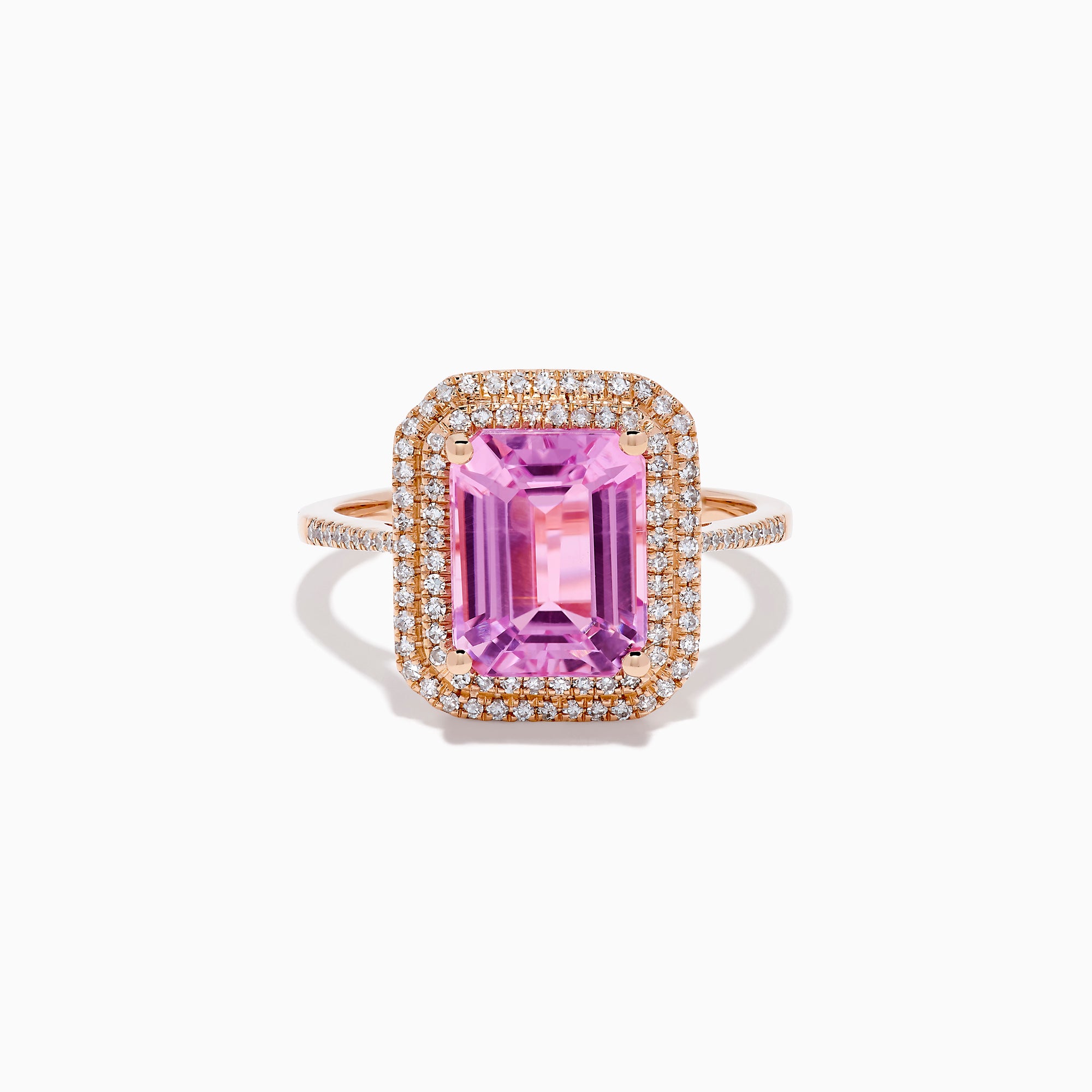 The 14K Rose Gold Kunzite and Diamond Double Halo Ring features a rectangular pink Kunzite, framed by two rows of diamonds on a rose gold band, presented against a plain white background.