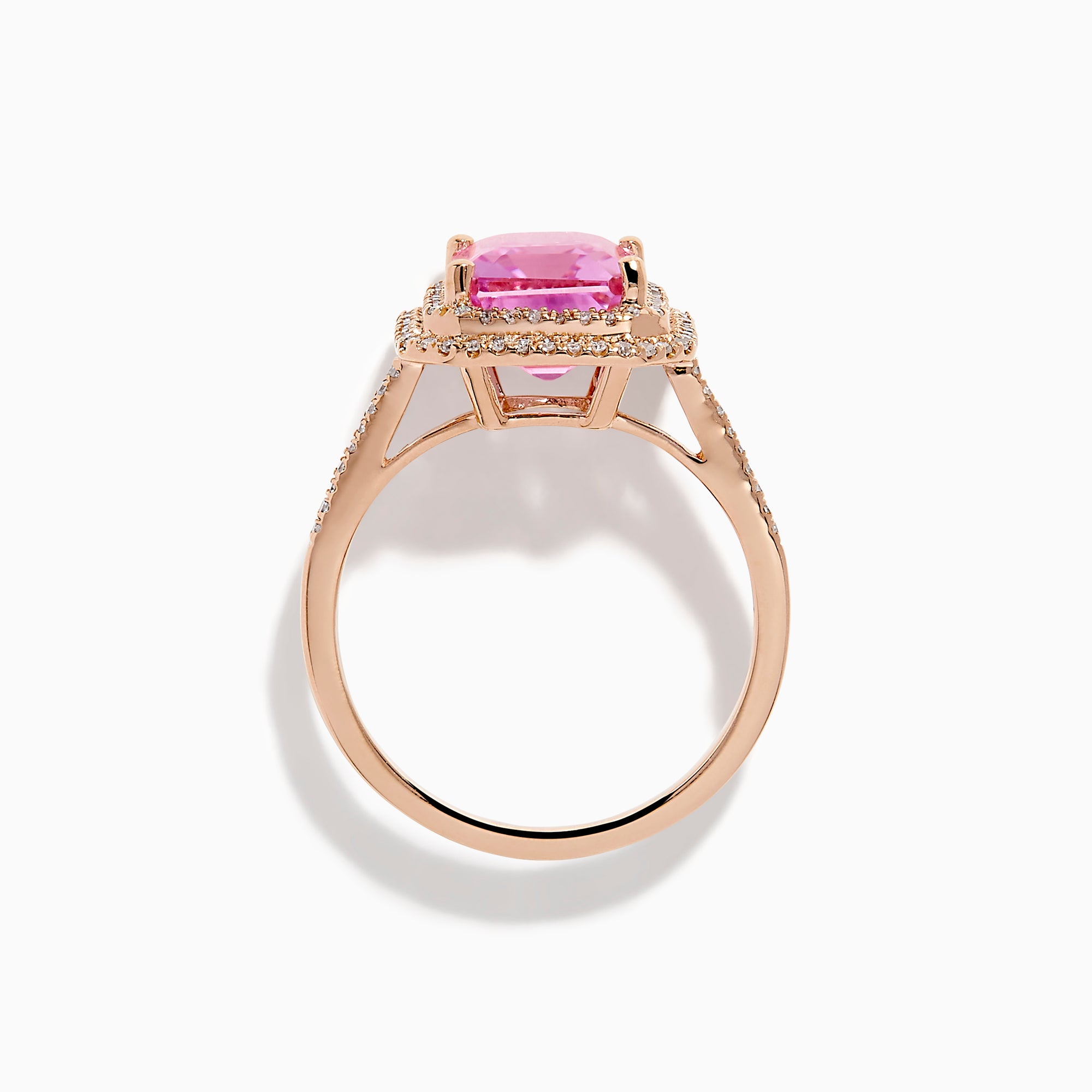 The 14K Rose Gold Kunzite and Diamond Double Halo Ring features a rectangular pink Kunzite, framed by two rows of diamonds on a rose gold band, presented against a plain white background.
