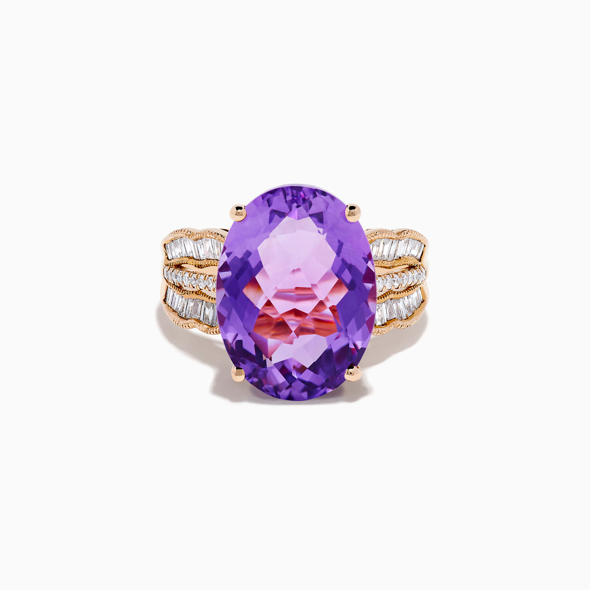 The 14K Rose Gold Purple Amethyst and Diamond Cocktail Ring features a large oval purple amethyst center, accented by three rows of small rectangular diamonds on each side, set in rose gold.