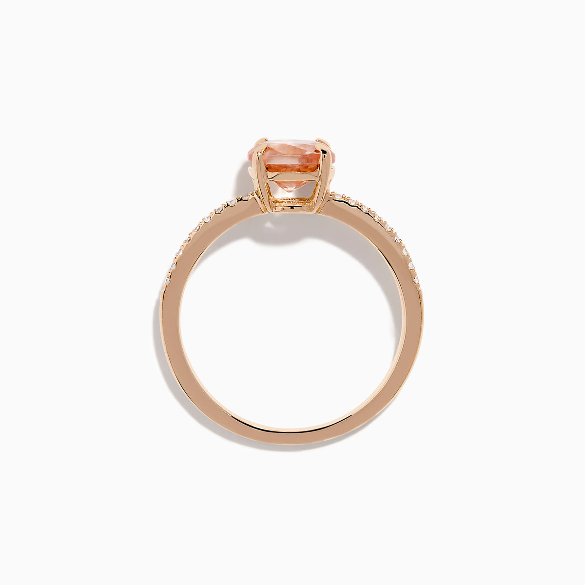 The Blush 14K Rose Gold Morganite and Diamond Ring features a large oval peach morganite center and sparkling diamonds along the band, shown on a white background.