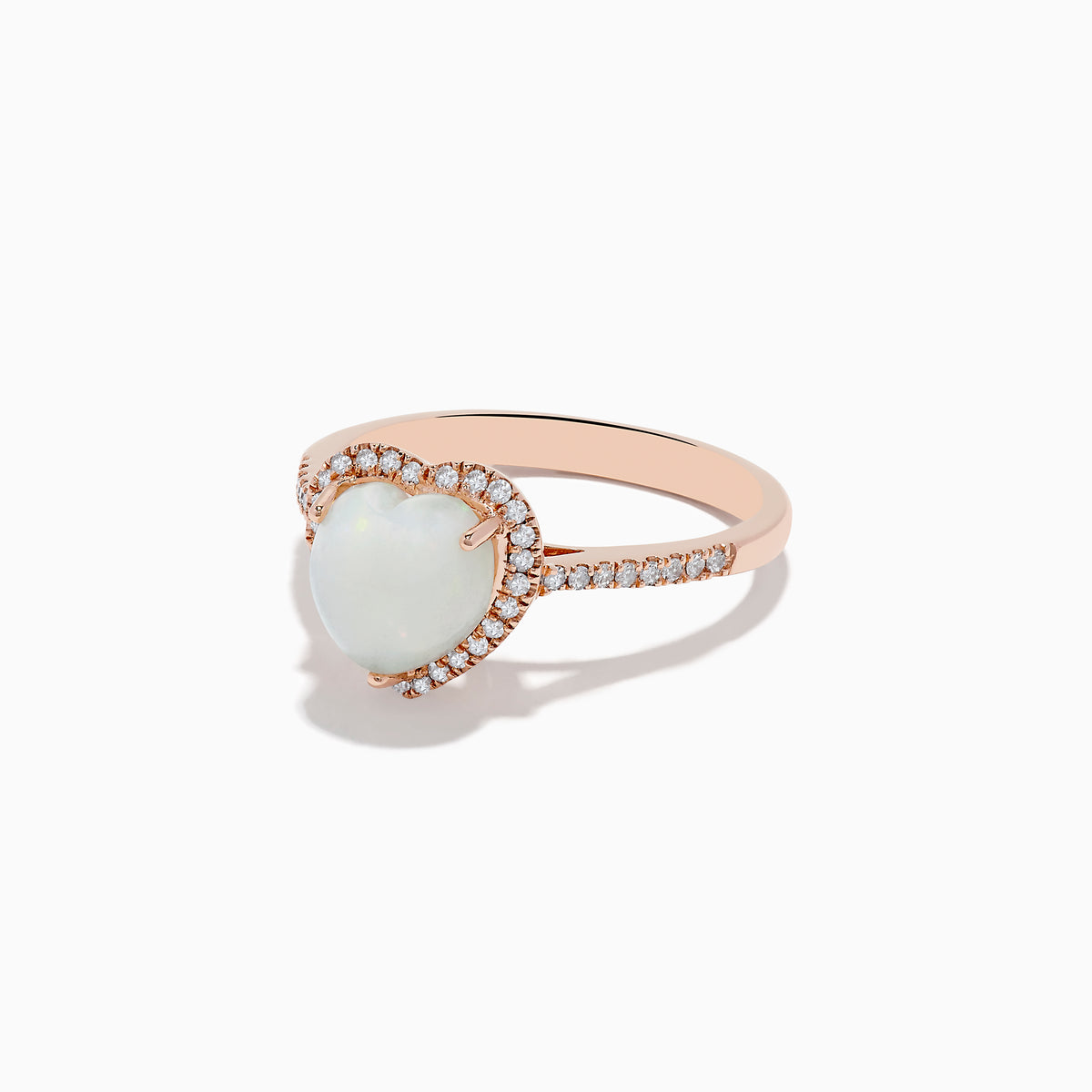 The Aurora 14K Rose Gold Diamond and Opal Heart Ring features a heart-shaped opal center, sparkling diamonds encircling it, and additional diamonds set along the elegant rose gold band.