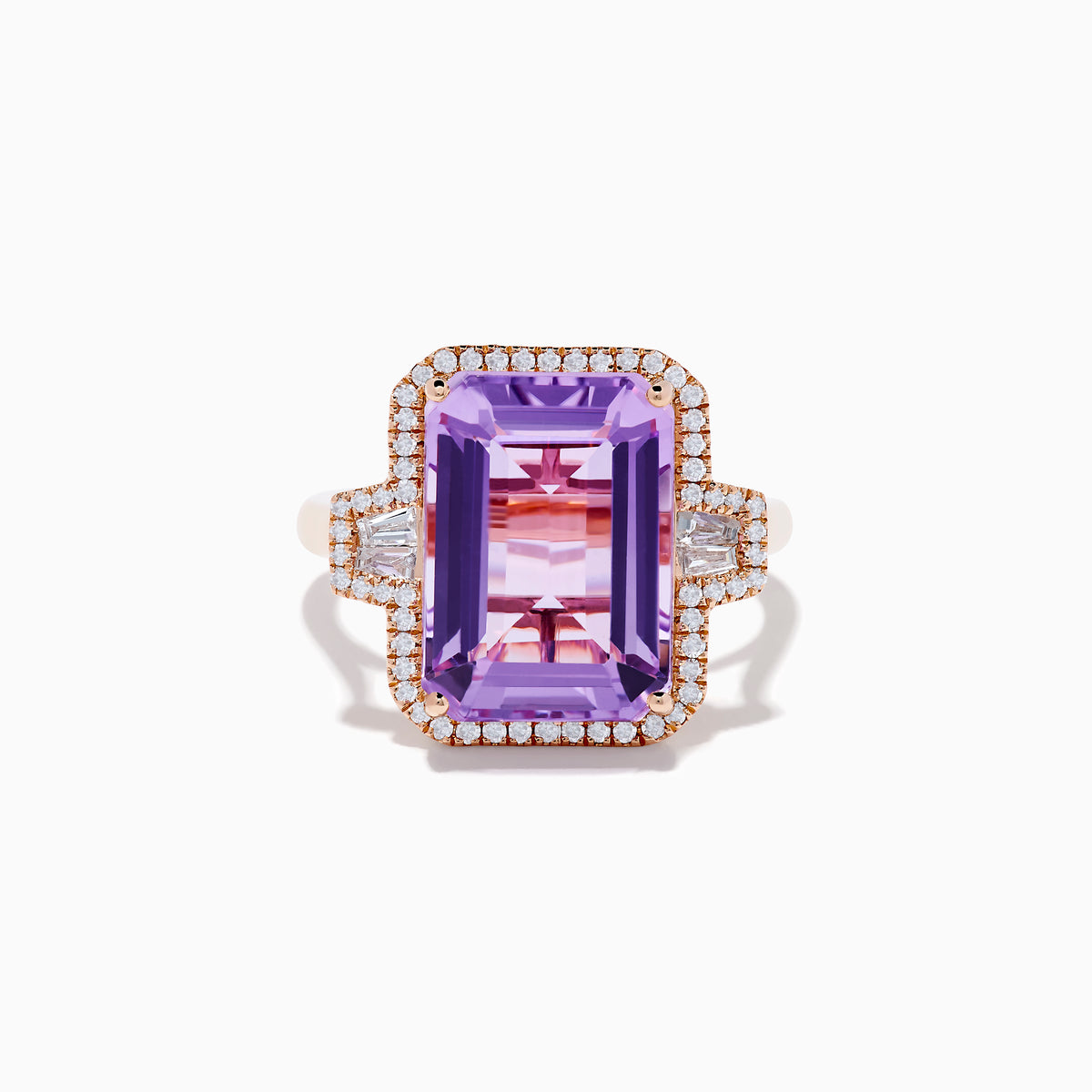 The 14K Rose Gold Pink Amethyst and Diamond Cocktail Ring features a large rectangular pink amethyst, accented by round diamonds on each side, displayed on a white background.