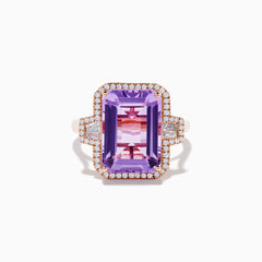 The 14K Rose Gold Pink Amethyst and Diamond Cocktail Ring features a large rectangular pink amethyst, accented by round diamonds on each side, displayed on a white background.