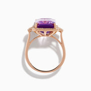 The 14K Rose Gold Pink Amethyst and Diamond Cocktail Ring features a large rectangular pink amethyst, accented by round diamonds on each side, displayed on a white background.