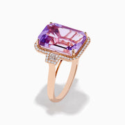 The 14K Rose Gold Pink Amethyst and Diamond Cocktail Ring features a large rectangular pink amethyst, accented by round diamonds on each side, displayed on a white background.