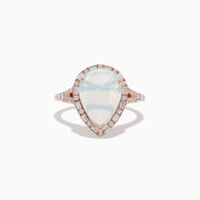 The Aurora 14K Rose Gold Pear Shaped Opal and Diamond Ring features a pear-shaped opal, a diamond halo, and diamond accents along the band, shown on a plain white background.