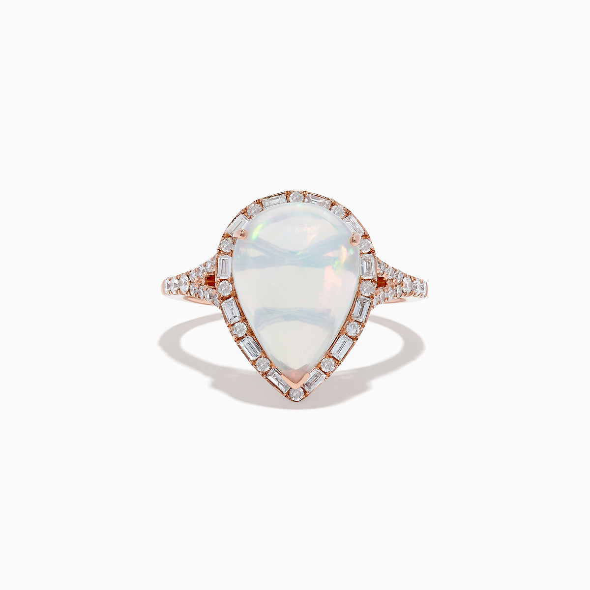 The Aurora 14K Rose Gold Pear Shaped Opal and Diamond Ring features a pear-shaped opal, a diamond halo, and diamond accents along the band, shown on a plain white background.