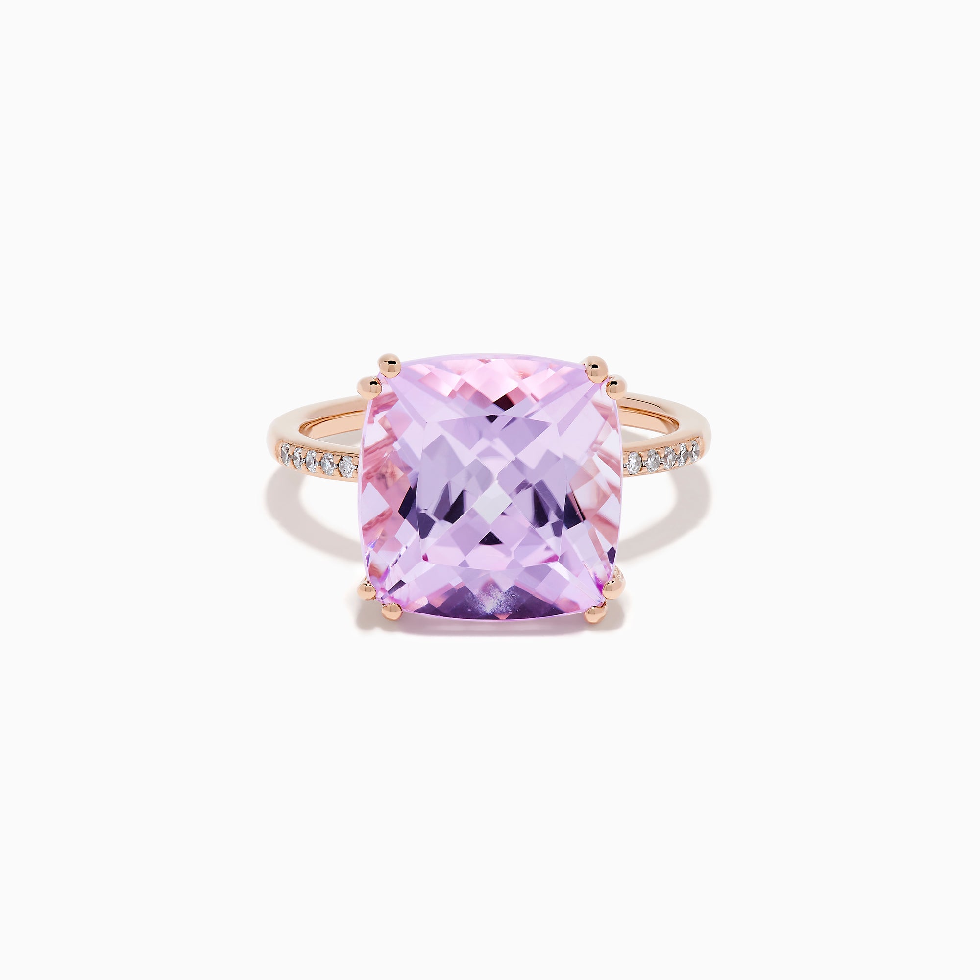 The 14K Rose Gold Kunzite and Diamond Ring features a striking cushion-cut kunzite gemstone at the center, accented with sparkling diamonds along the band.