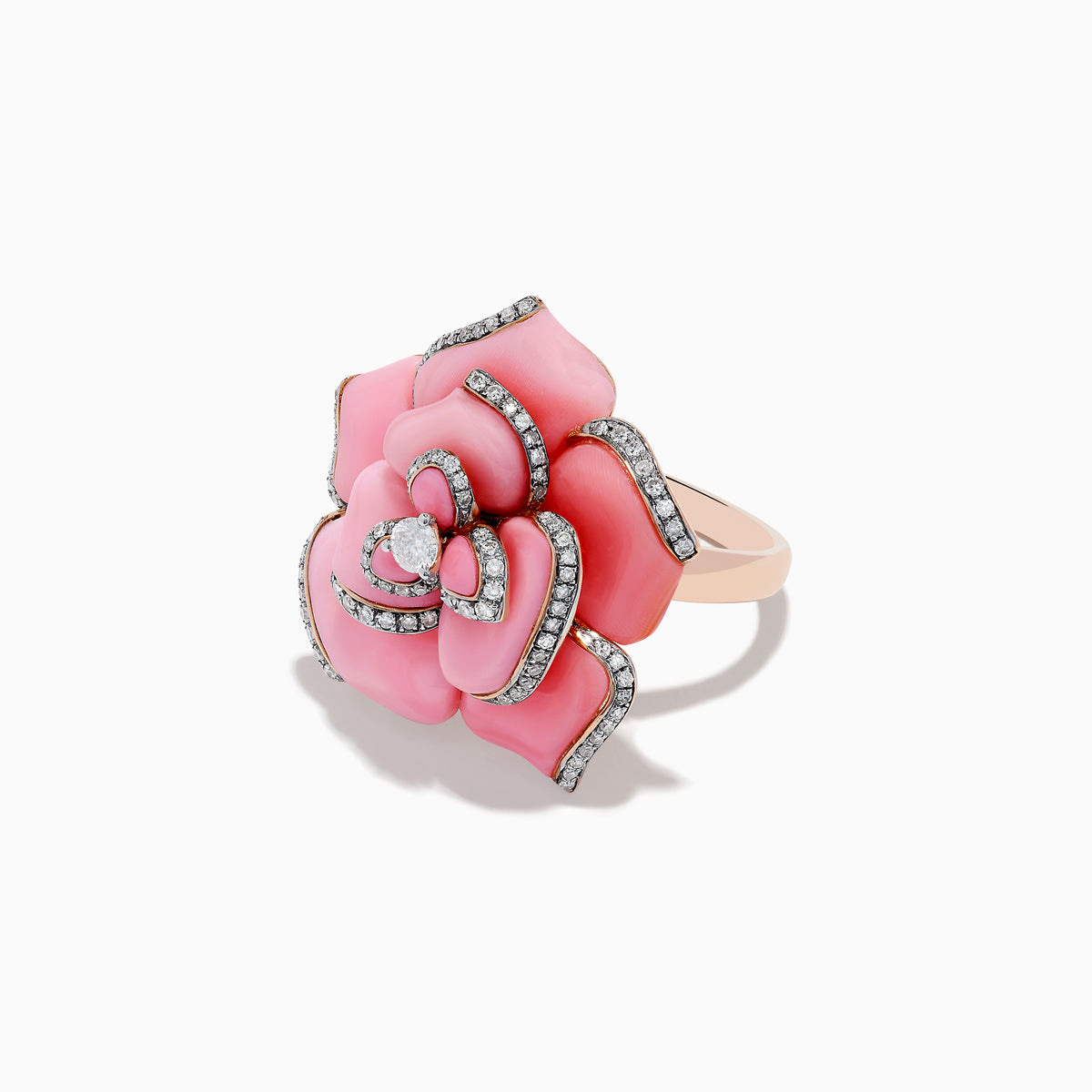 A 14K rose gold ring by Effy features a conch shell design accented with diamonds, displayed on a white background.