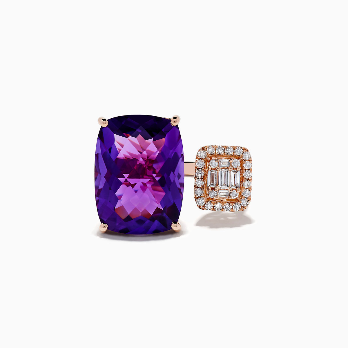 The 14K Rose Gold Amethyst and Diamond Ring showcases a cushion-cut amethyst alongside a rectangular cluster of diamonds, both elegantly arranged against a white background.
