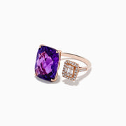 The 14K Rose Gold Amethyst and Diamond Ring showcases a cushion-cut amethyst alongside a rectangular cluster of diamonds, both elegantly arranged against a white background.
