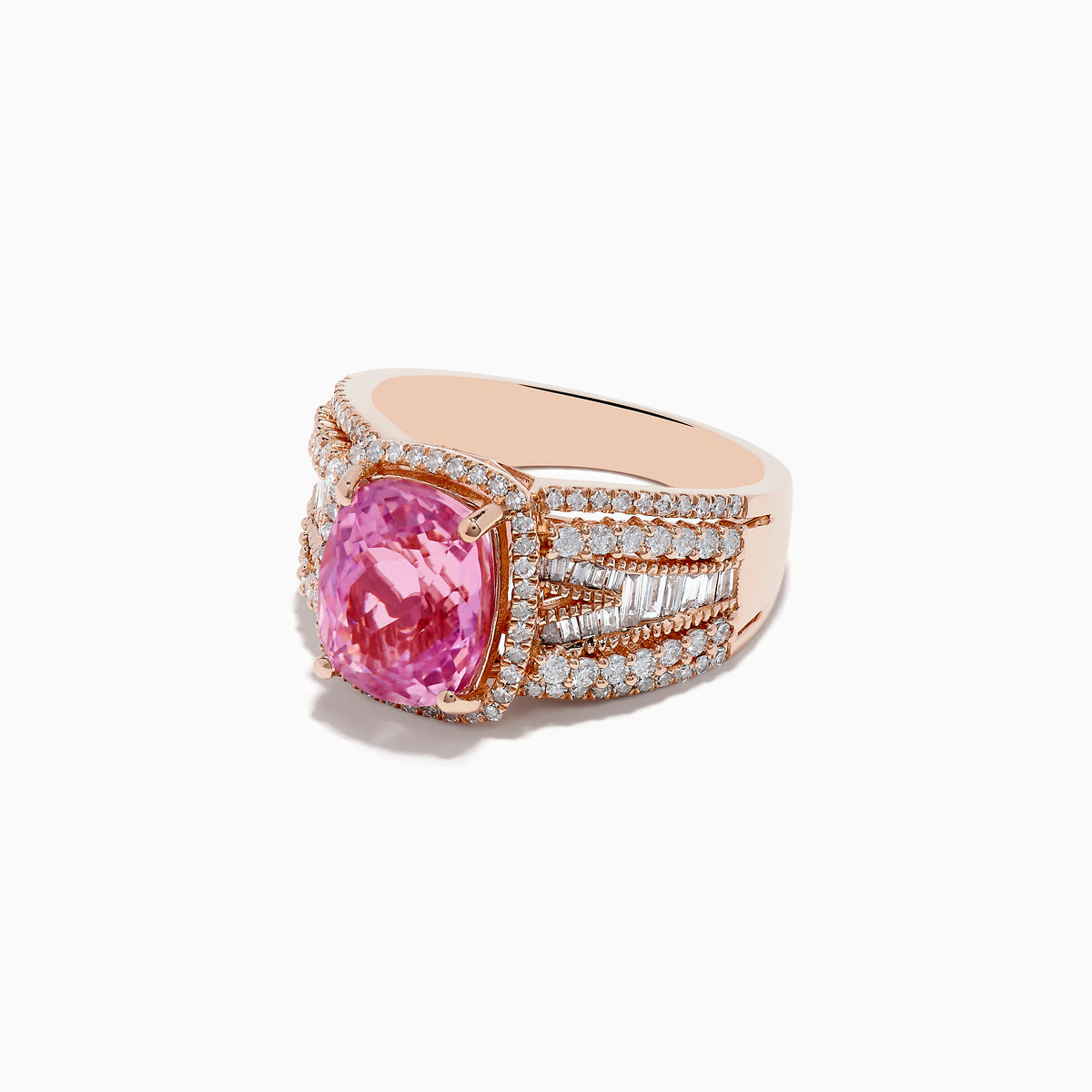 The 14K Rose Gold Kunzite and Diamond Ring showcases a cushion-cut kunzite center stone, accented by multiple rows of sparkling diamonds on the band.