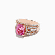The 14K Rose Gold Kunzite and Diamond Ring showcases a cushion-cut kunzite center stone, accented by multiple rows of sparkling diamonds on the band.