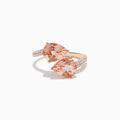 The Blush 14K Rose Gold Morganite and Diamond Bypass Ring showcases two large pear-shaped peach morganites and a diamond-accented band, set in rose gold against a white background.