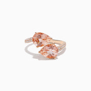 The Blush 14K Rose Gold Morganite and Diamond Bypass Ring showcases two large pear-shaped peach morganites and a diamond-accented band, set in rose gold against a white background.