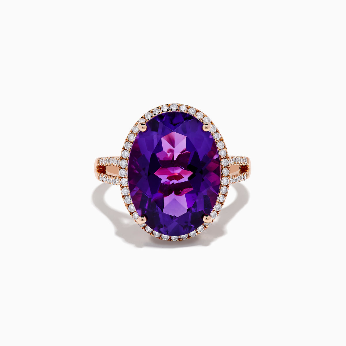 The 14K Rose Gold Amethyst and Diamond Ring showcases an oval amethyst with a diamond halo set on a rose gold band, displayed against a plain white background.