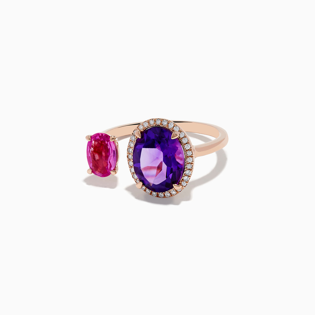 The 14K Rose Gold Amethyst, Pink Sapphire, and Diamond Toi Et Moi Ring features a large oval amethyst with diamond accents and a smaller oval pink sapphire set on a delicate band.
