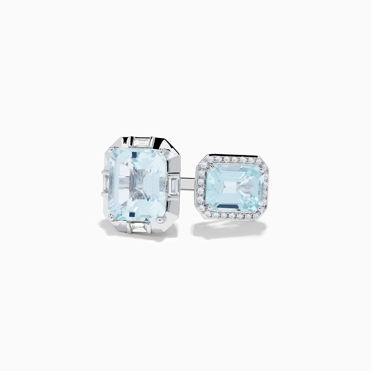 The 14K White Gold Double Aquamarine Ring features two light blue stones—one encircled by diamonds in a halo setting and the other set in a minimal geometric design.