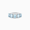 The Aquarius 14K White Gold Aquamarine and Diamond Ring features seven oval aquamarine gemstones set in a row on a plain white background.