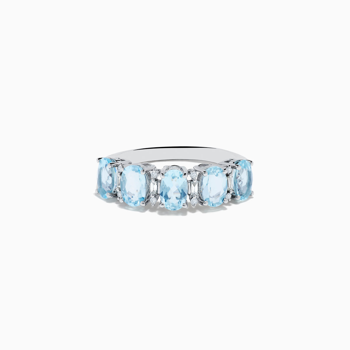 The Aquarius 14K White Gold Aquamarine and Diamond Ring features seven oval aquamarine gemstones set in a row on a plain white background.