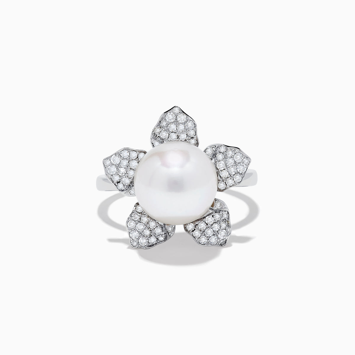 The 14K White Gold Fresh Water Pearl and Diamond Flower Ring features a large pearl at the center, surrounded by five diamond-accented petals on a sleek white gold band.
