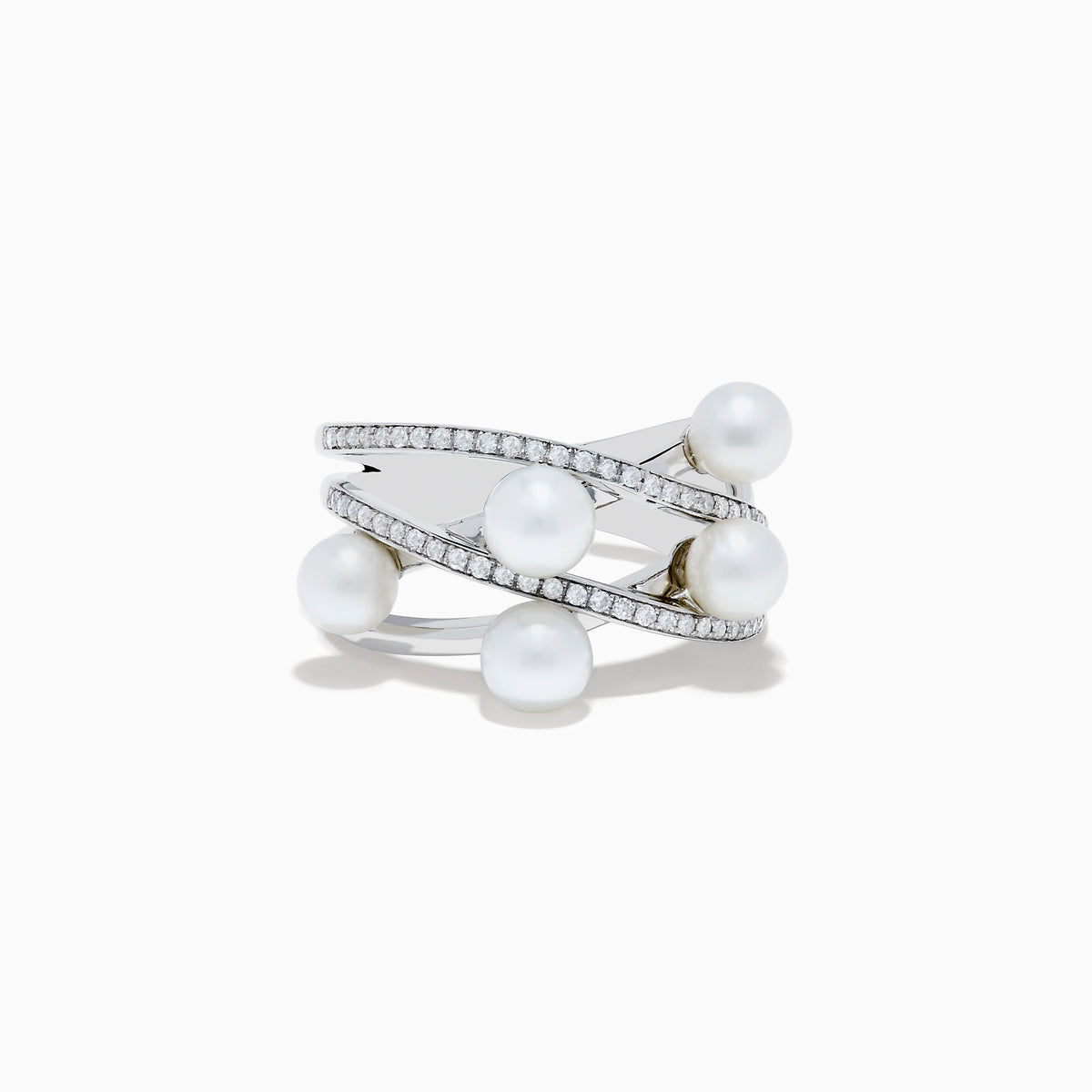 The 14K White Gold Fresh Water Pearl and Diamond Ring features three crisscrossing bands, each set with sparkling diamonds and five elegant freshwater pearls arranged along the bands.