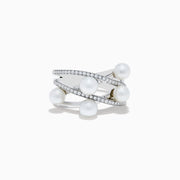 The 14K White Gold Fresh Water Pearl and Diamond Ring features three crisscrossing bands, each set with sparkling diamonds and five elegant freshwater pearls arranged along the bands.