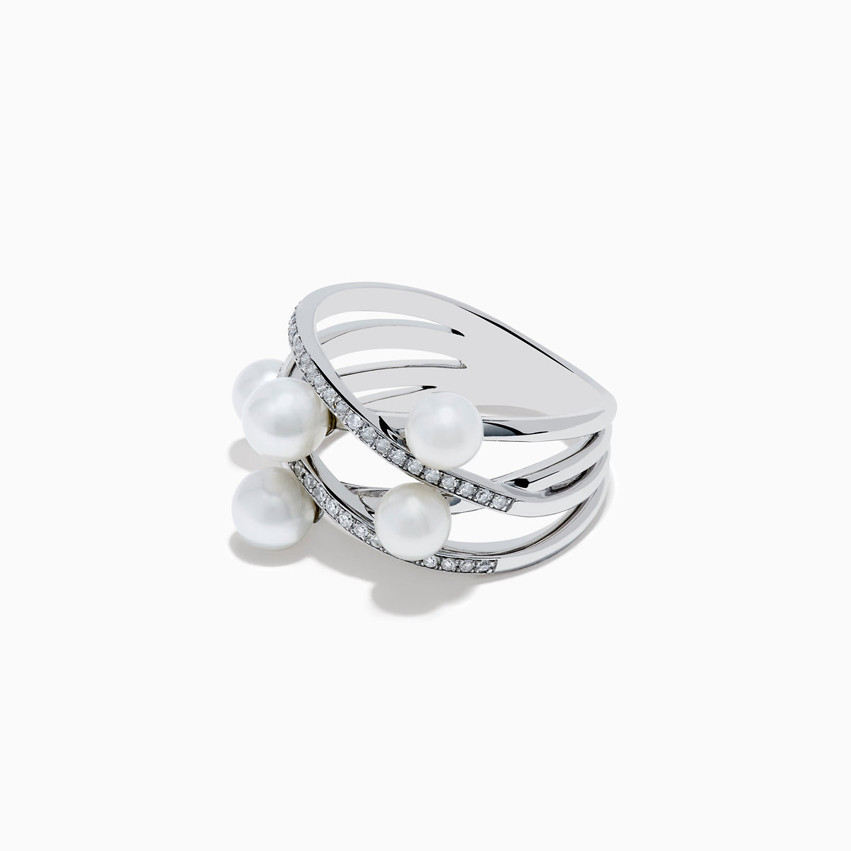 The 14K White Gold Fresh Water Pearl and Diamond Ring features three crisscrossing bands, each set with sparkling diamonds and five elegant freshwater pearls arranged along the bands.