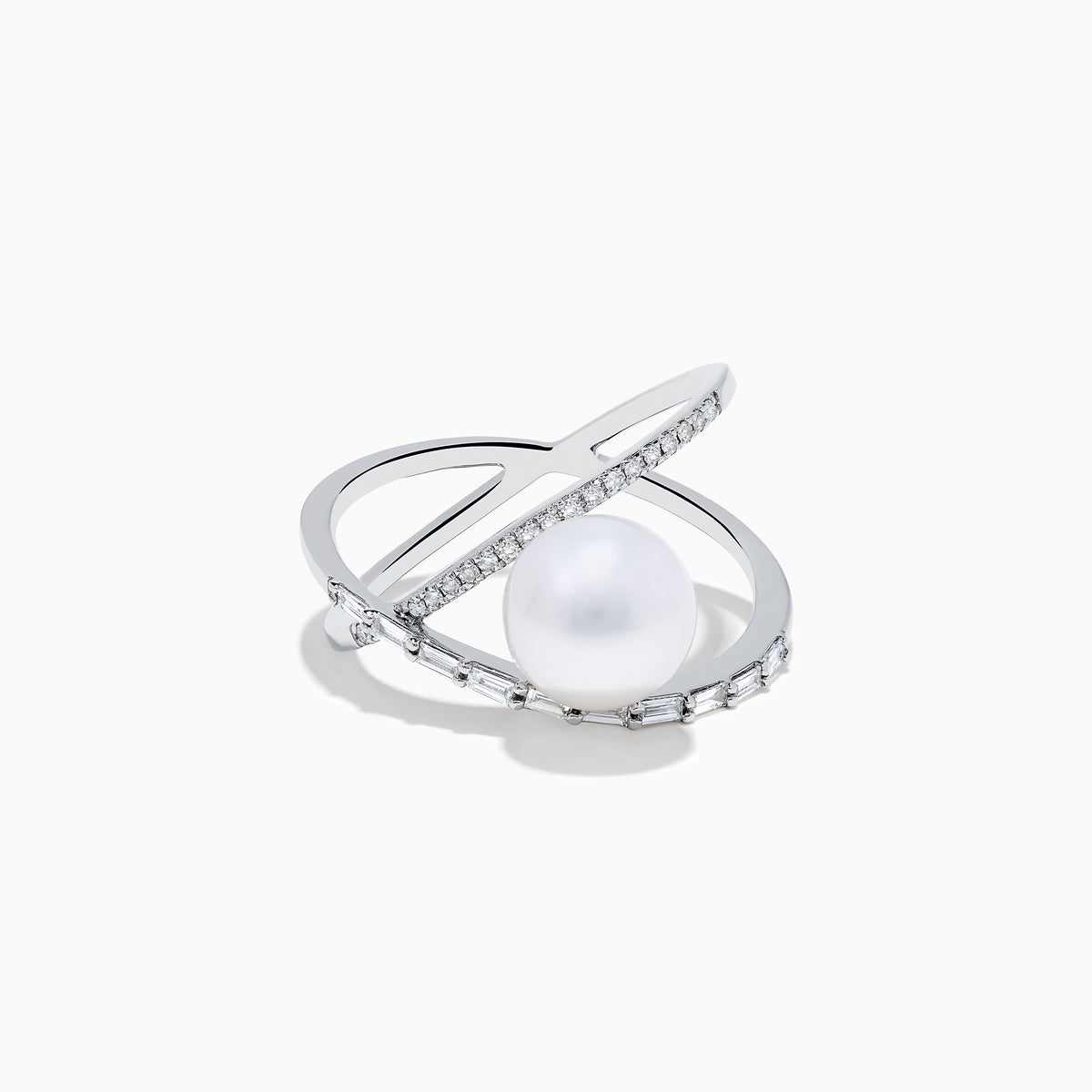 The 14K White Gold Fresh Water Pearl and Diamond Criss Cross Ring features a large freshwater pearl at the center and an intersecting band set with sparkling diamonds, shown on a white background.