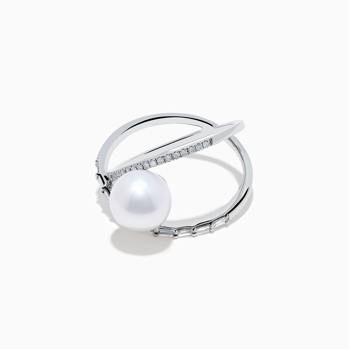 The 14K White Gold Fresh Water Pearl and Diamond Criss Cross Ring features a large freshwater pearl at the center and an intersecting band set with sparkling diamonds, shown on a white background.