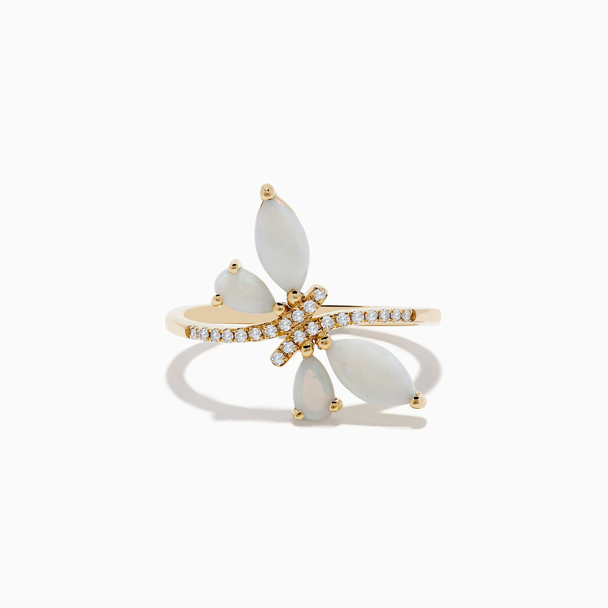 The Aurora 14K Yellow Gold Opal and Diamond Butterfly Ring features marquise white stones as wings, sparkling opal accents, and small round diamonds on the band, shown against a white background.
