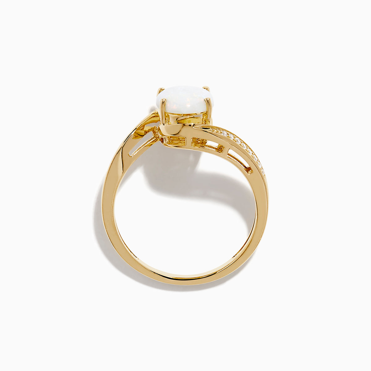 The Aurora 14K Yellow Gold Opal and Diamond Ring showcases an oval white opal center stone accented by small round diamonds on one side of the band, shown against a white background.