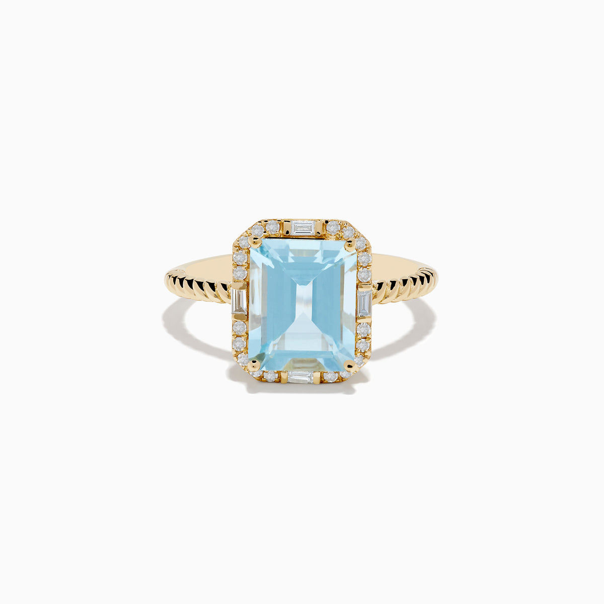 The 14K Yellow Gold Aquamarine and Diamond Ring showcases a large rectangular aquamarine, accented by round and baguette diamonds on a twisted yellow gold band.