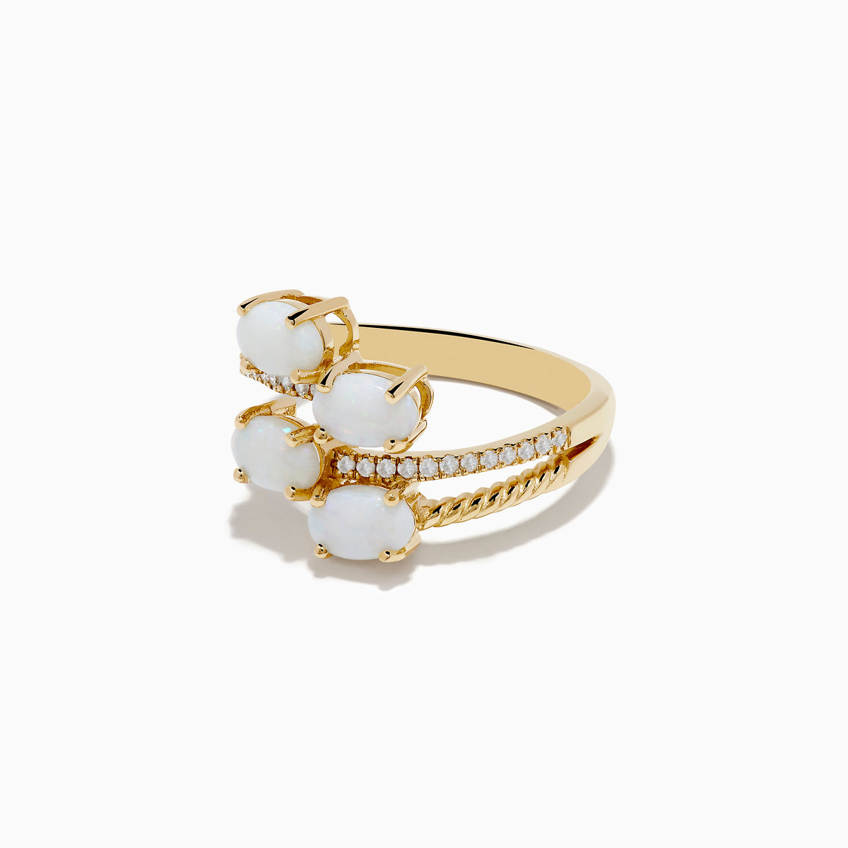 The 14K Yellow Gold Opal and Diamond Bypass Ring features three oval white opals and sparkling accent diamonds along a split band, shown against a white background.