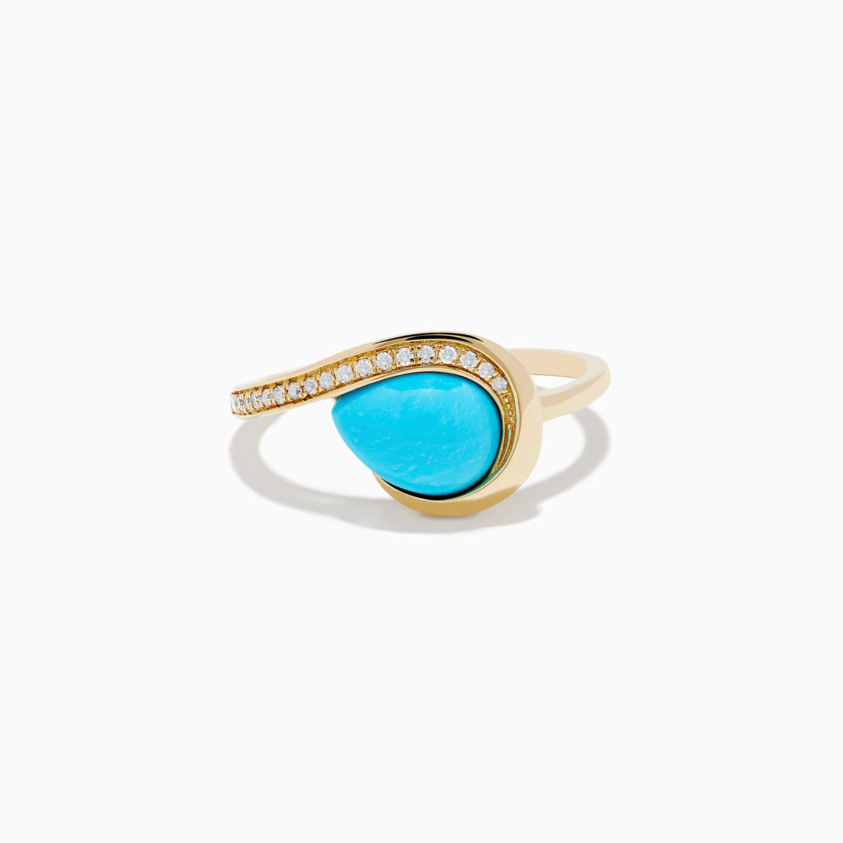 The Terra 14K Yellow Gold Turquoise and Diamond Ring showcases an asymmetrical turquoise stone and a curved band with small white diamonds, set against a white background.