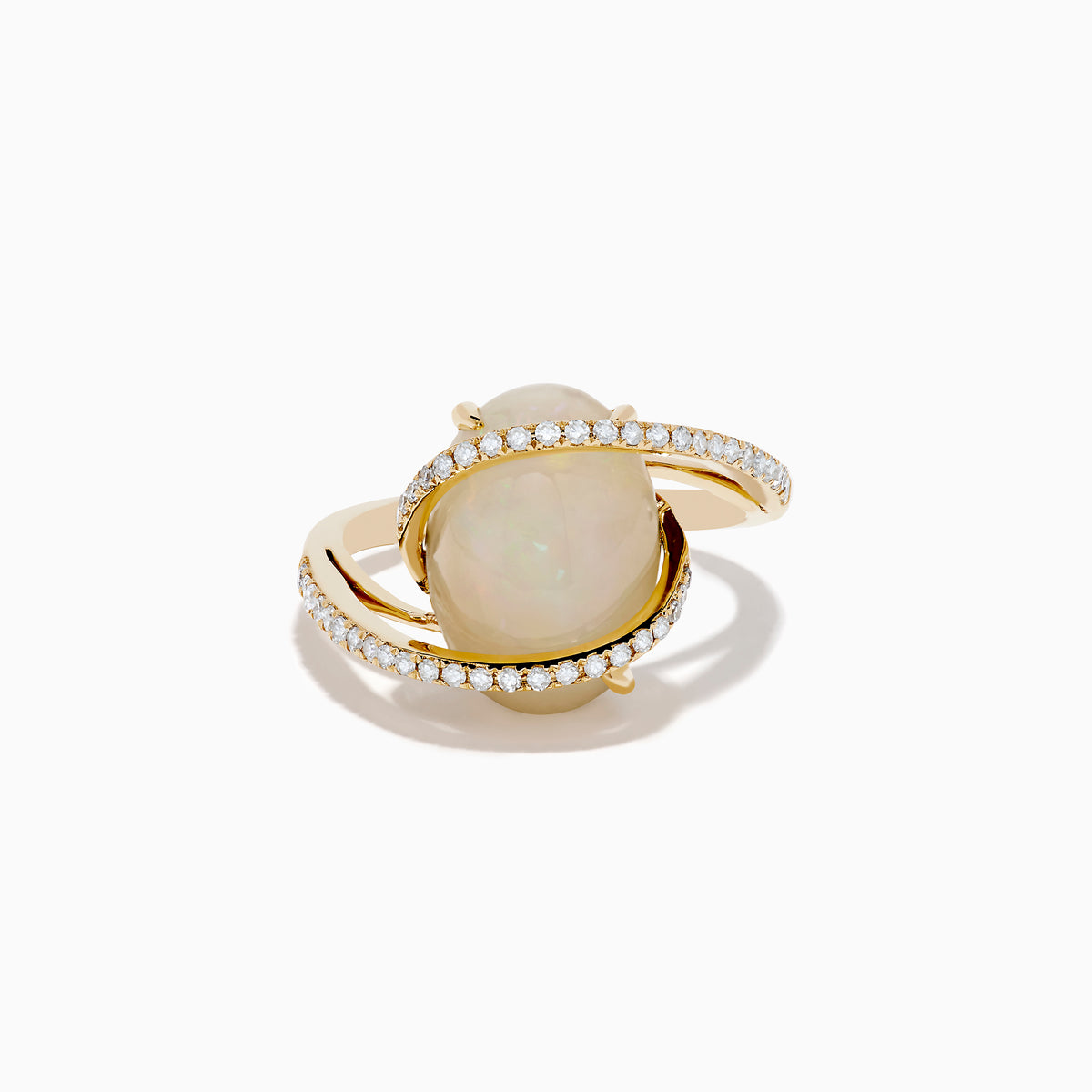The Aurora 14K Yellow Gold Opal and Diamond Ring showcases a large oval opal center, framed by curved diamond bands, set against a white background.