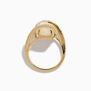 The Aurora 14K Yellow Gold Opal and Diamond Ring showcases a large oval opal center, framed by curved diamond bands, set against a white background.
