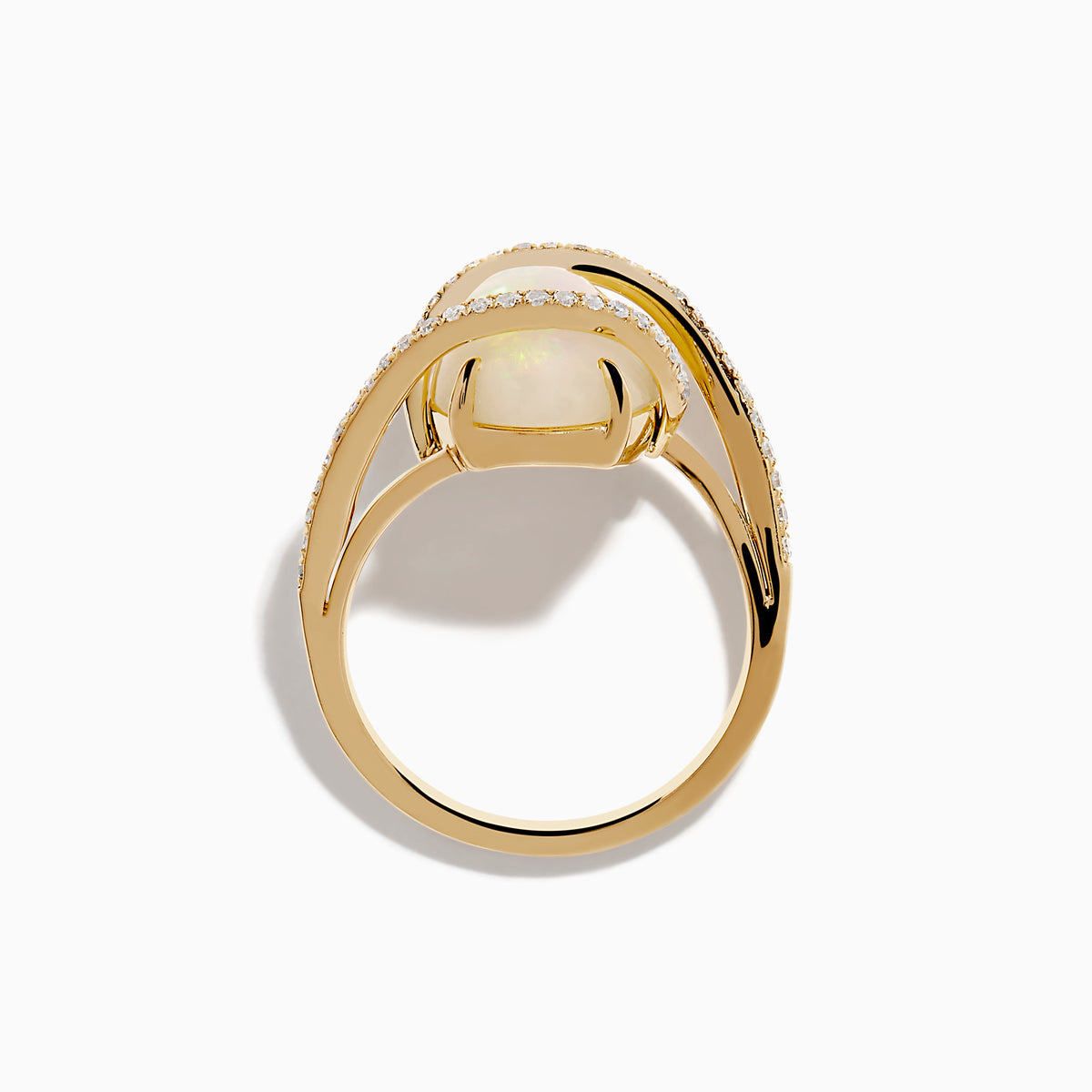 The Aurora 14K Yellow Gold Opal and Diamond Ring showcases a large oval opal center, framed by curved diamond bands, set against a white background.