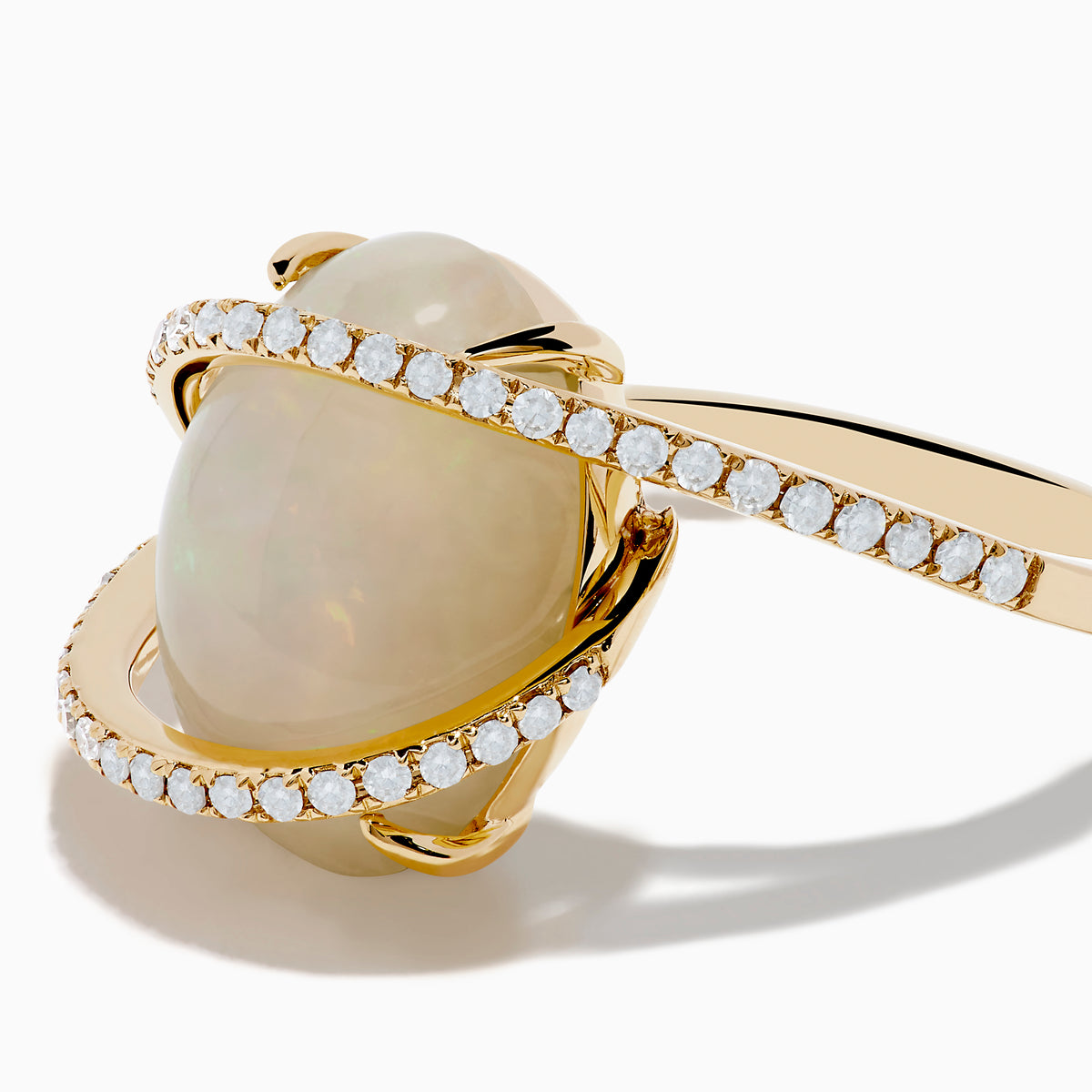 The Aurora 14K Yellow Gold Opal and Diamond Ring showcases a large oval opal center, framed by curved diamond bands, set against a white background.