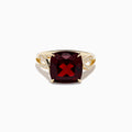 The Bordeaux 14K Yellow Gold Garnet and Diamond Ring showcases a large cushion-cut deep red garnet centered on an intricately designed band with sparkling diamond accents.