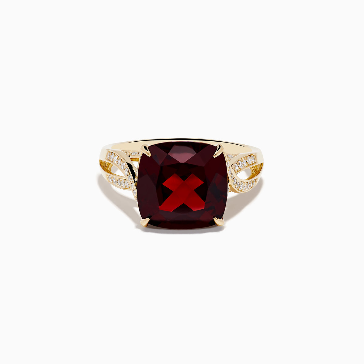 The Bordeaux 14K Yellow Gold Garnet and Diamond Ring showcases a large cushion-cut deep red garnet centered on an intricately designed band with sparkling diamond accents.