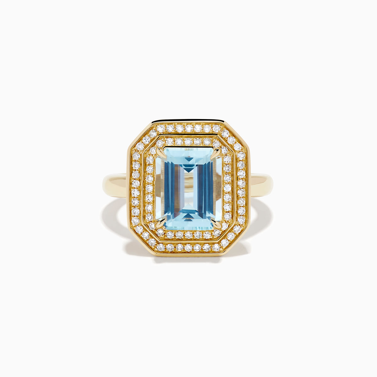14K Yellow Gold Aquamarine and Diamond Double Halo Emerald-Cut Ring