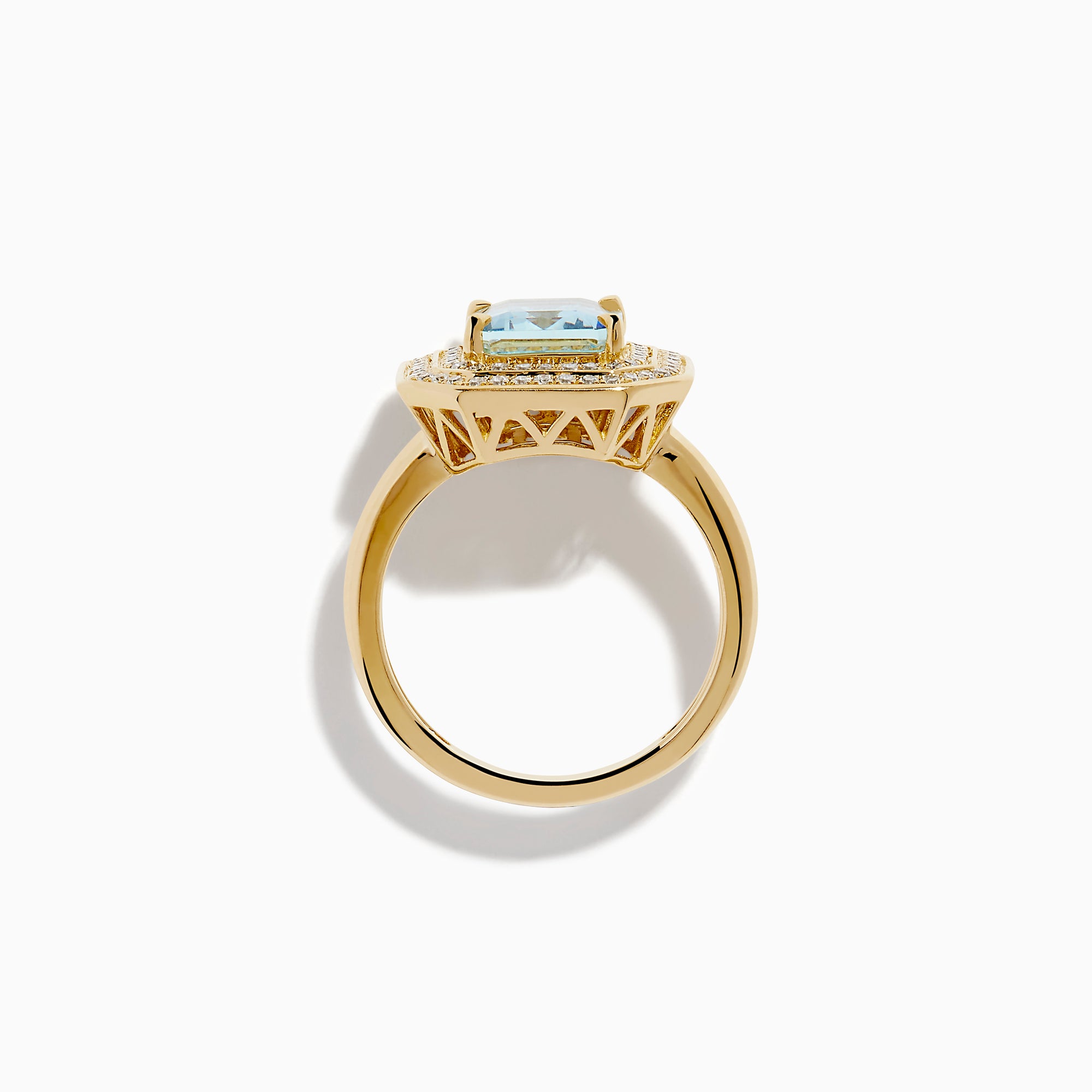 14K Yellow Gold Aquamarine and Diamond Double Halo Emerald-Cut Ring