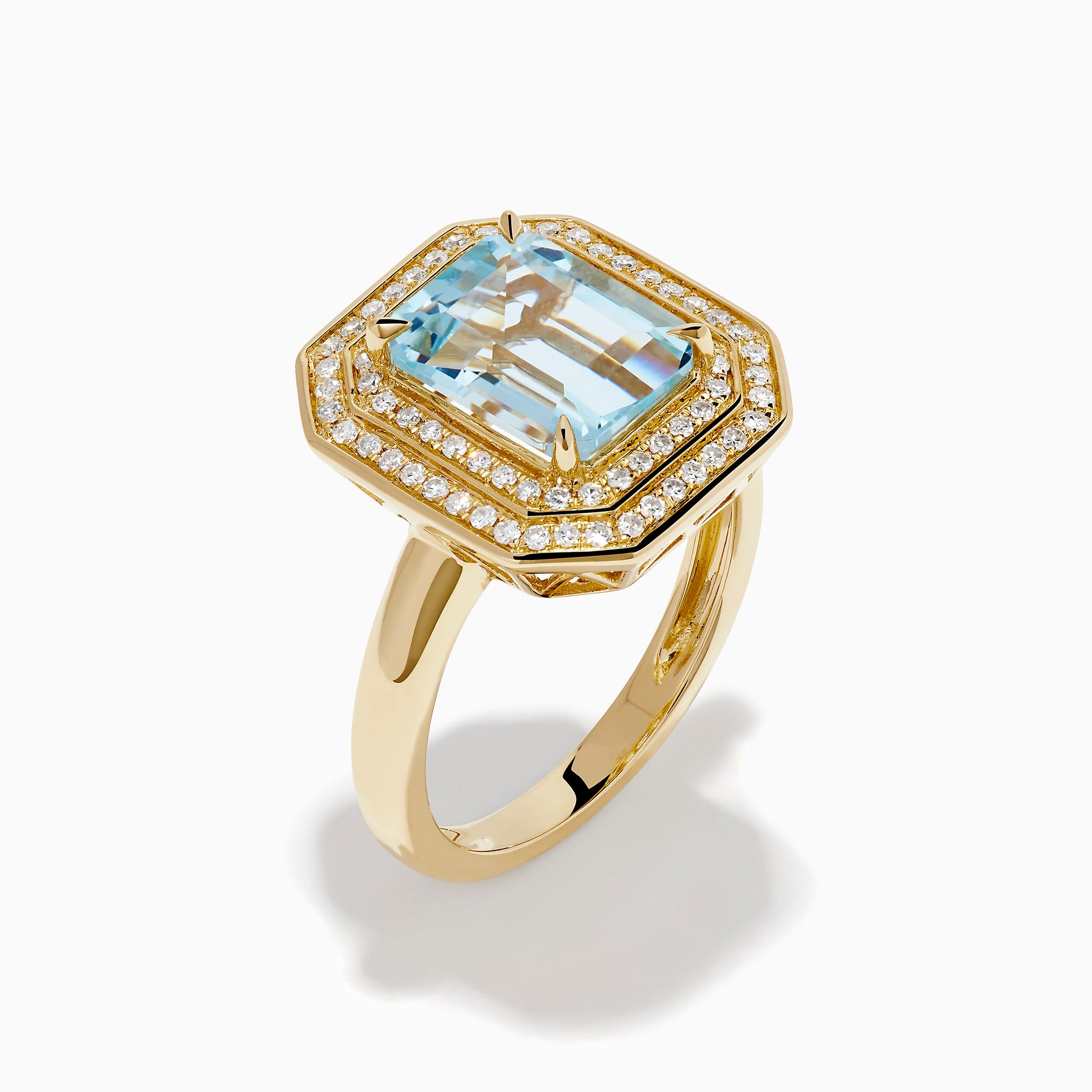 14K Yellow Gold Aquamarine and Diamond Double Halo Emerald-Cut Ring