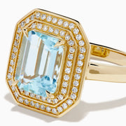 14K Yellow Gold Aquamarine and Diamond Double Halo Emerald-Cut Ring