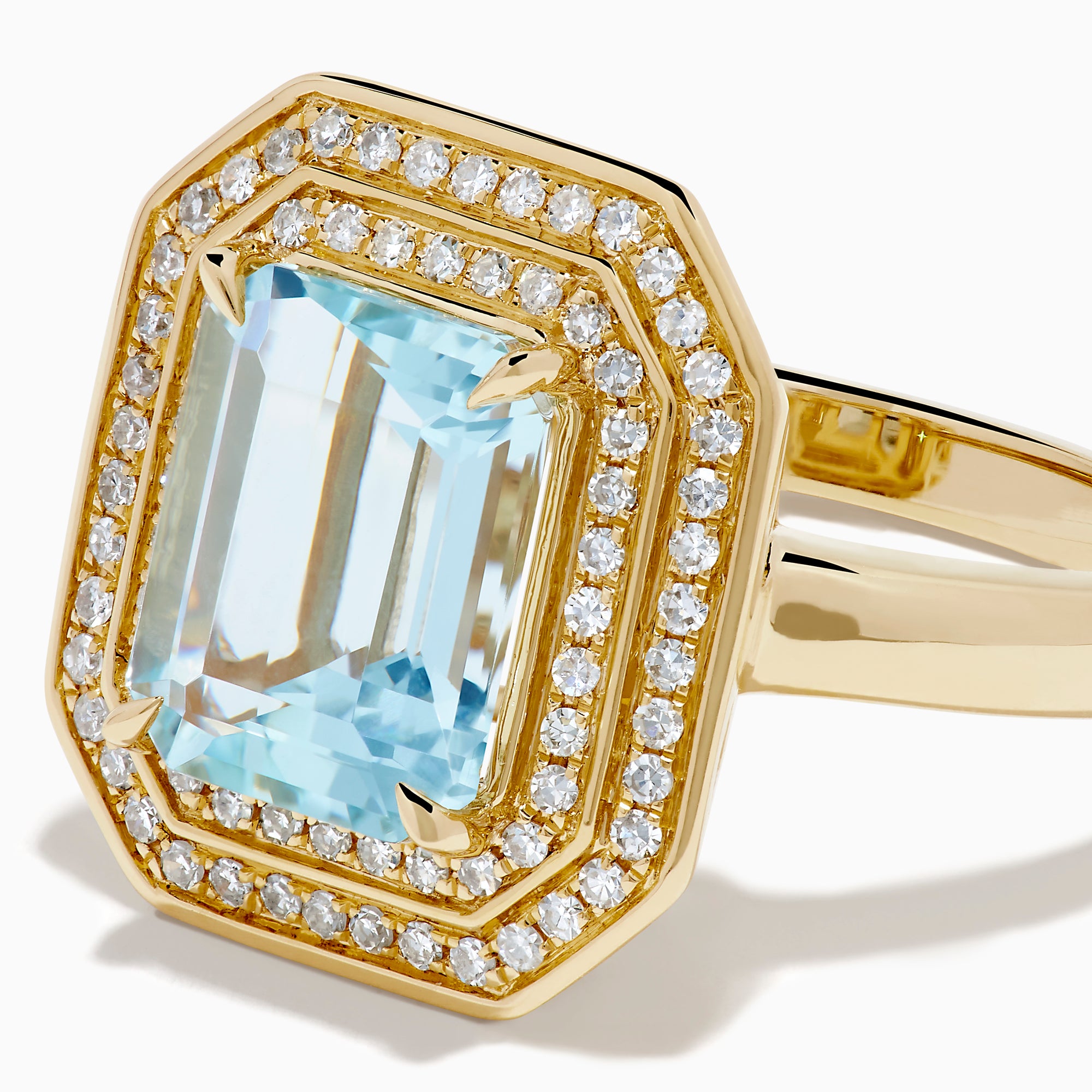 14K Yellow Gold Aquamarine and Diamond Double Halo Emerald-Cut Ring