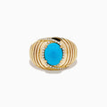 The 14K Yellow Gold Turquoise and Diamond Wide Band Ring features an oval turquoise center stone with a halo of small white diamonds and grooved lines, displayed against a plain white background.