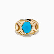 The 14K Yellow Gold Turquoise and Diamond Wide Band Ring features an oval turquoise center stone with a halo of small white diamonds and grooved lines, displayed against a plain white background.