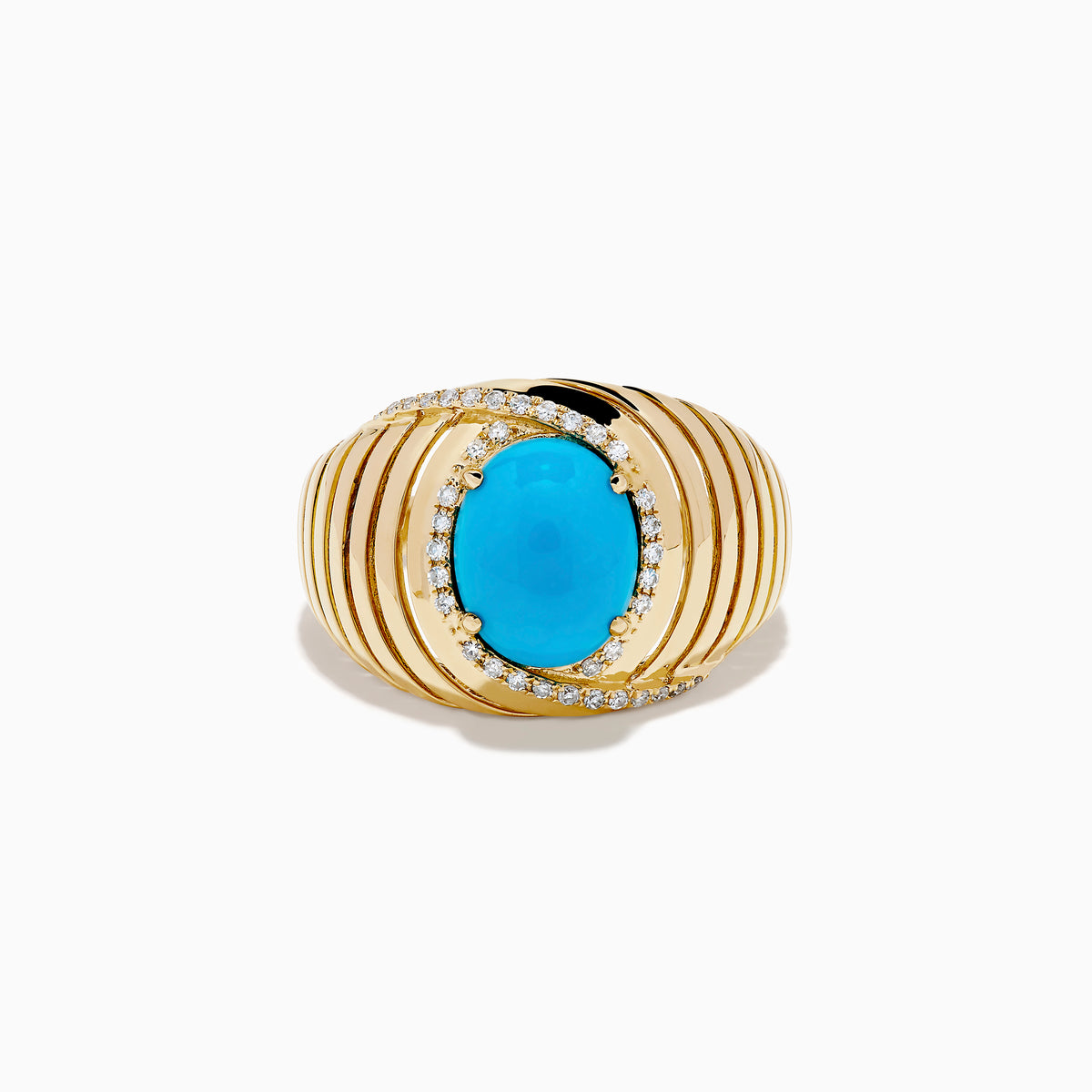 The 14K Yellow Gold Turquoise and Diamond Wide Band Ring features an oval turquoise center stone with a halo of small white diamonds and grooved lines, displayed against a plain white background.