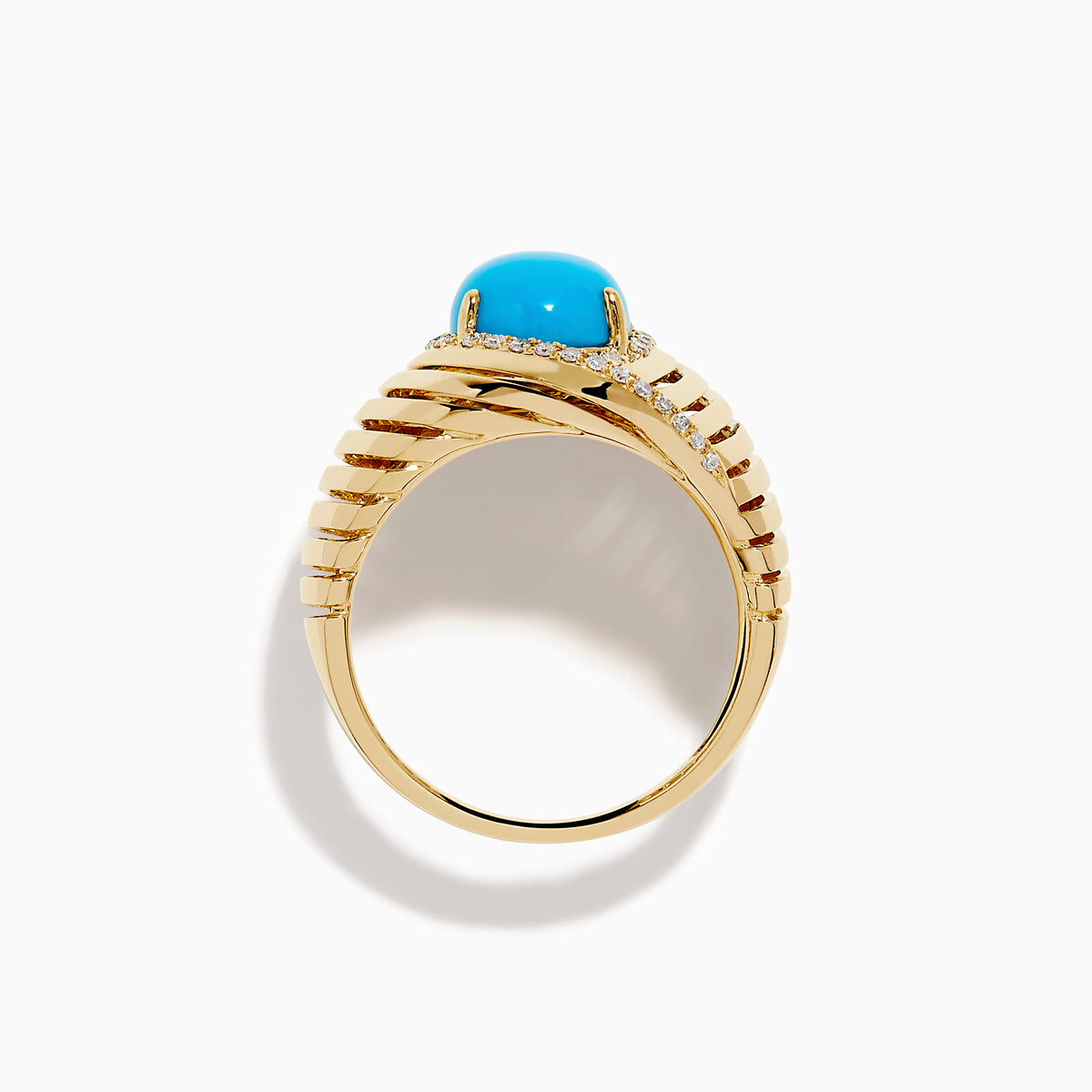 The 14K Yellow Gold Turquoise and Diamond Wide Band Ring features an oval turquoise center stone with a halo of small white diamonds and grooved lines, displayed against a plain white background.